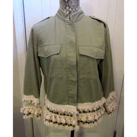 Zara Utility Jacket Tassel Pom Crochet Fringe Boho Coins Green Womens Size M - Picture 3 of 10